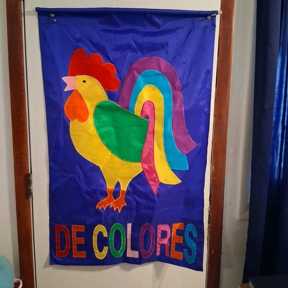 Large De Colores Rooster Flag Rainbow Colorful Vibrant Gorgeous NWOT